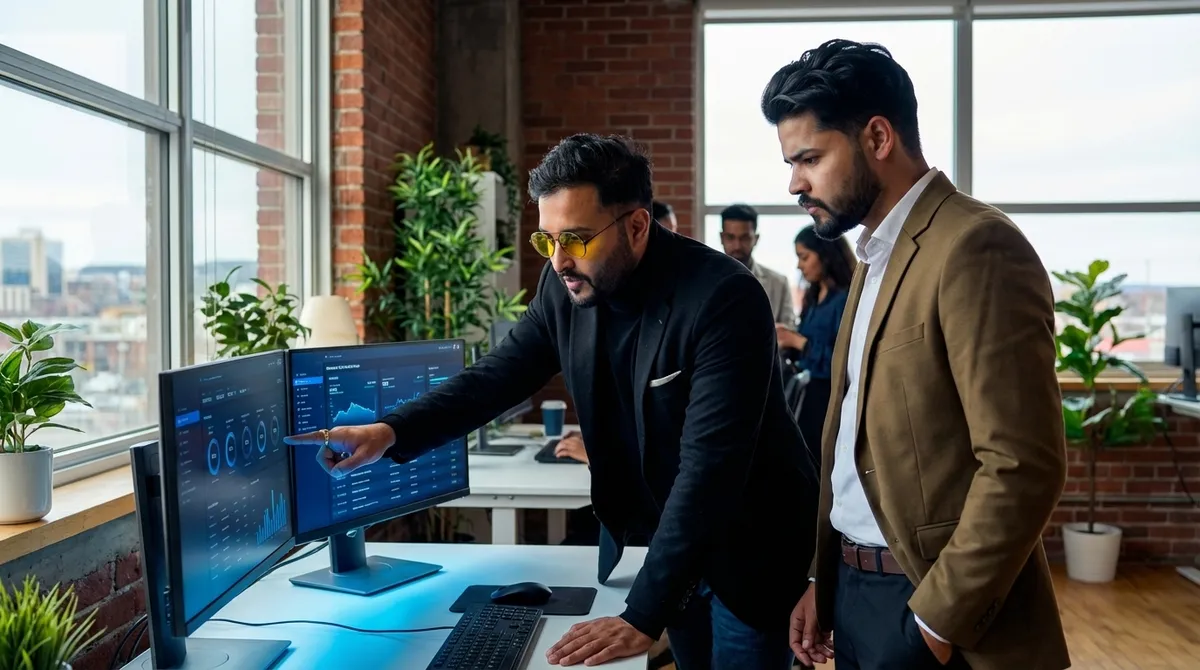 A software architect and UX designer reviewing a live analytics dashboard together in a modern Canadian tech office