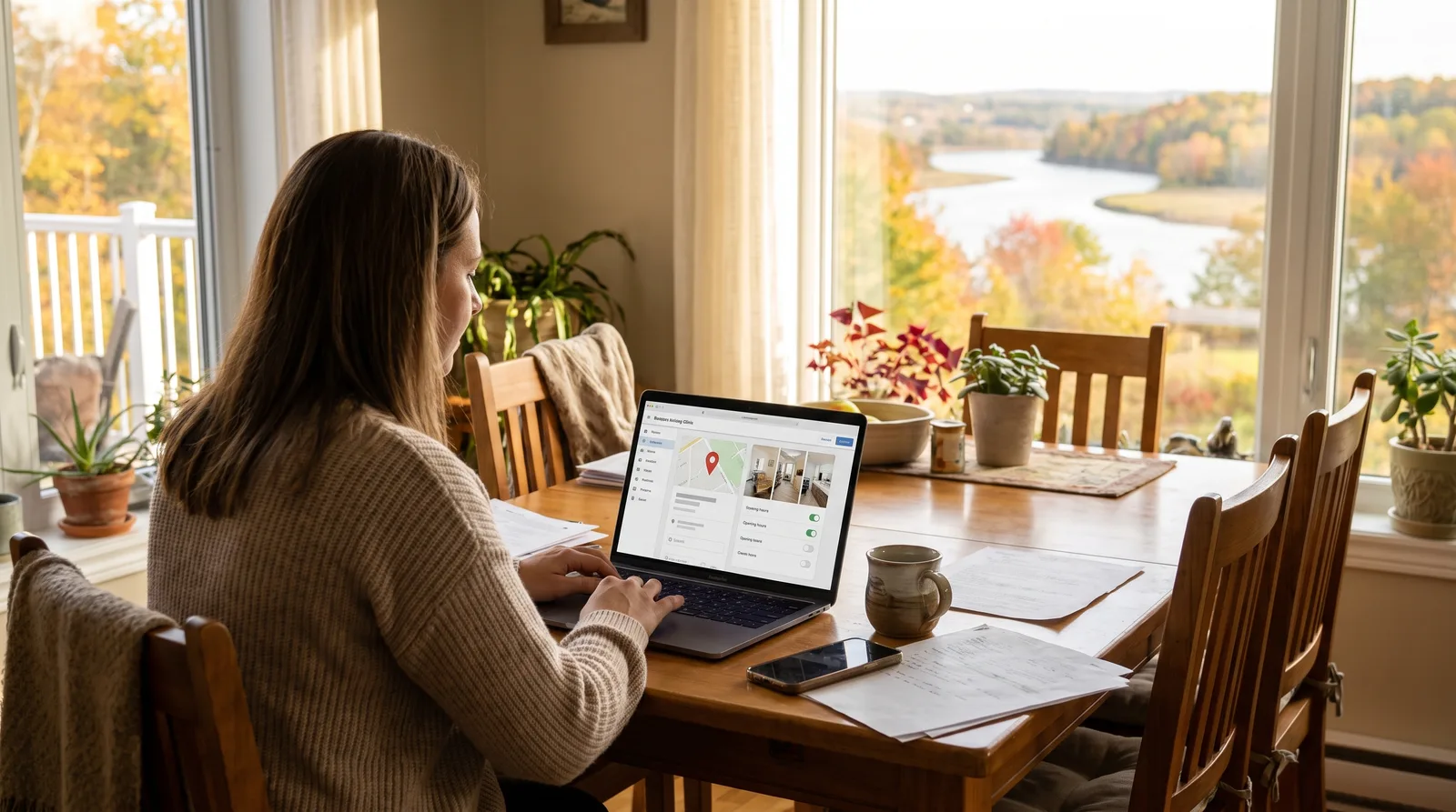 Clinic manager at a kitchen table updating a dental clinic business listing on a laptop