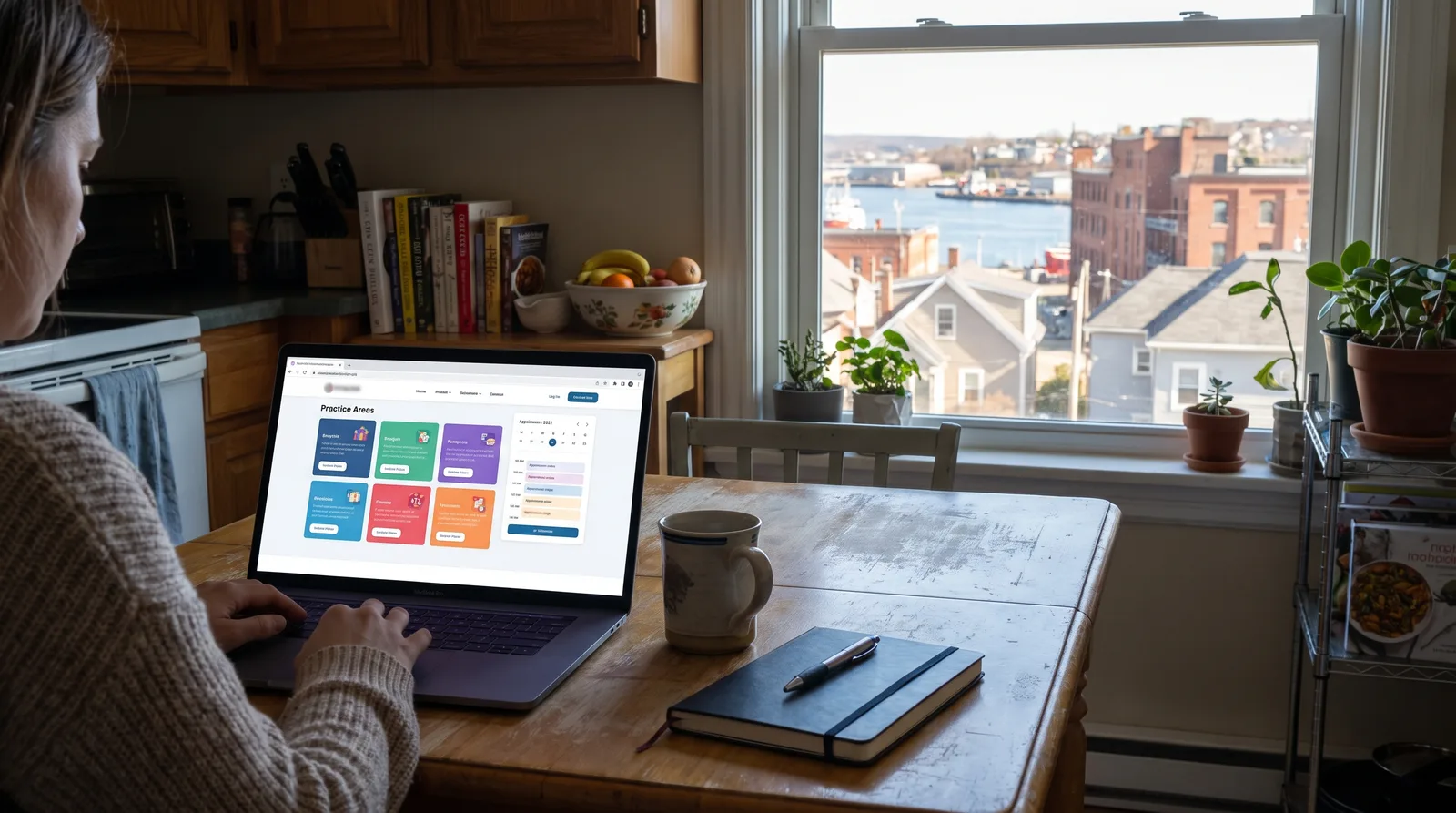 Lawyer at a kitchen table reviewing law firm practice area pages on a laptop