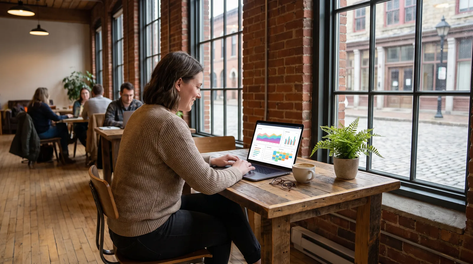 Lawyer in a co-working space reviewing a dashboard of consultations booked from law firm SEO