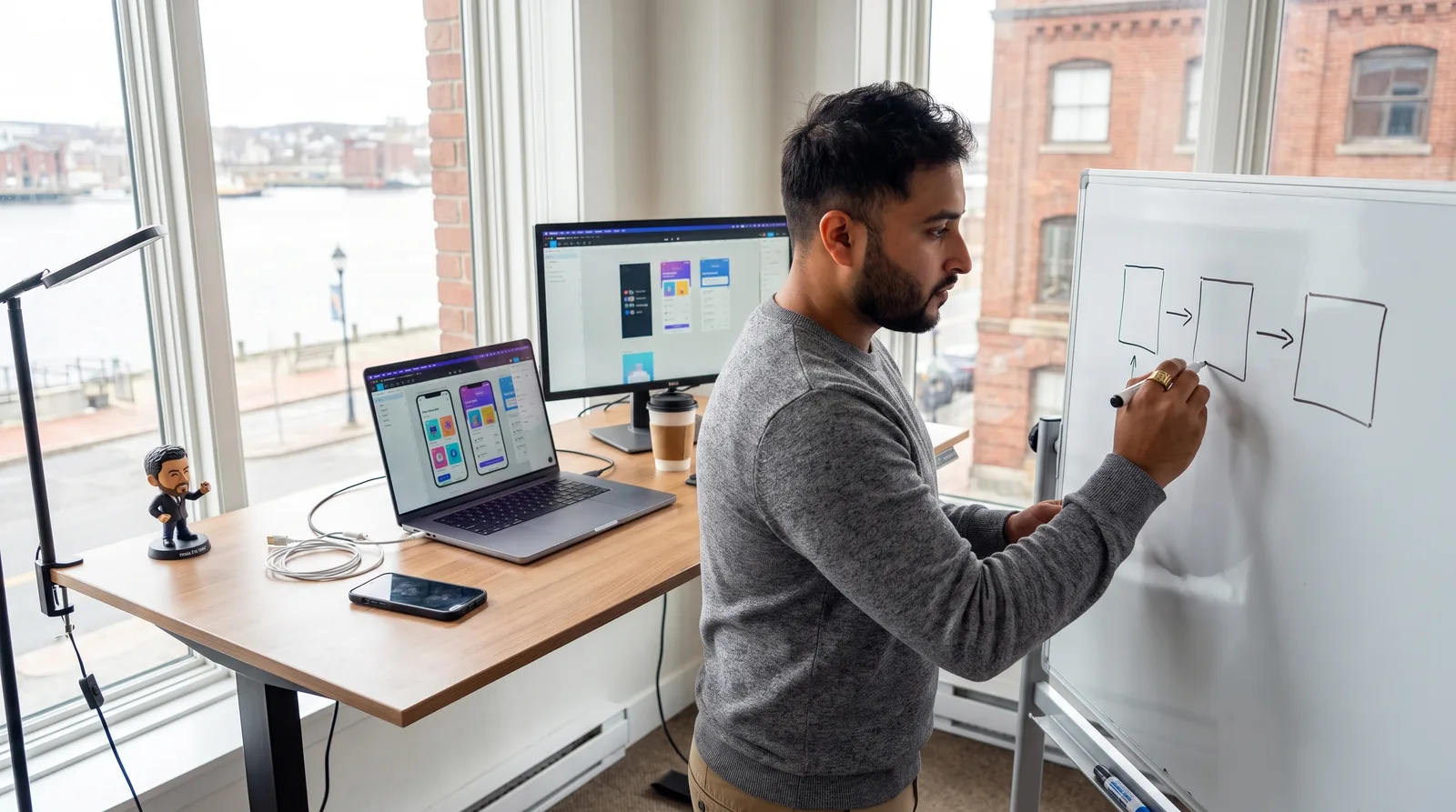Software architect sketching an MVP development product flow of three boxes on an office whiteboard
