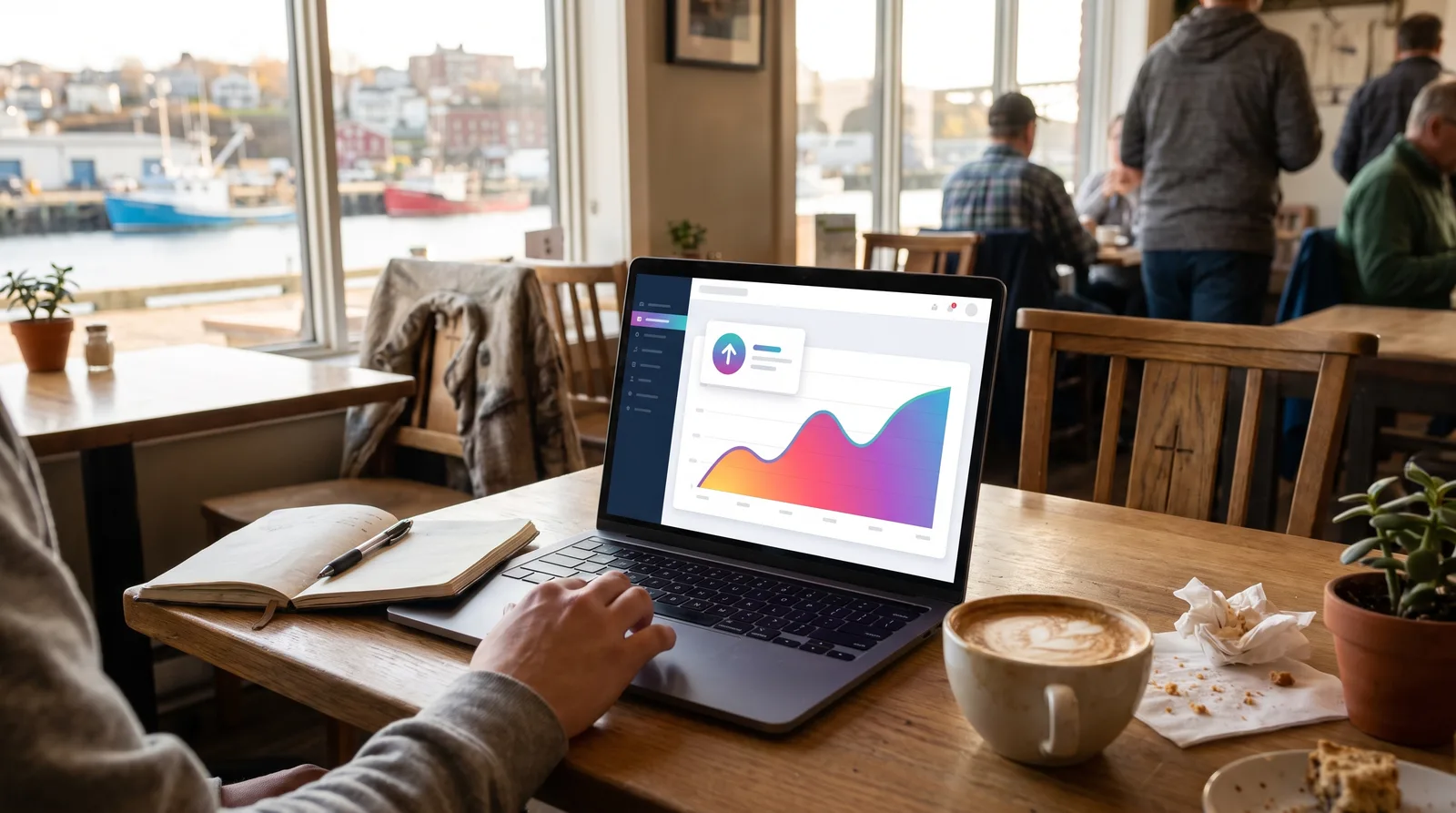 Laptop on a cafe table showing an analytics dashboard tracking one MVP launch metric