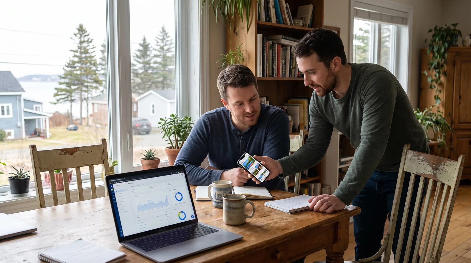 Founder and developer reviewing an MVP prototype on a phone at a kitchen table