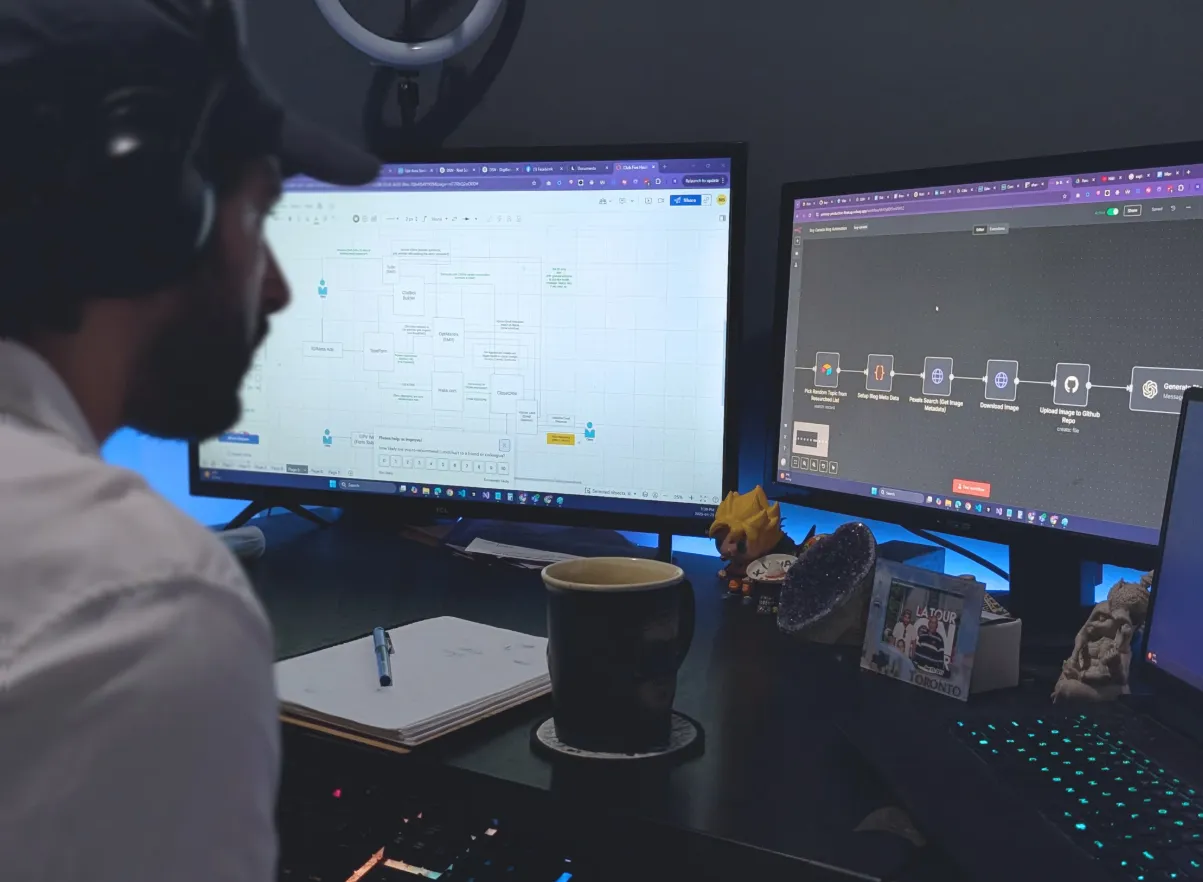 Person using two monitors and no-code automation tool n8n.