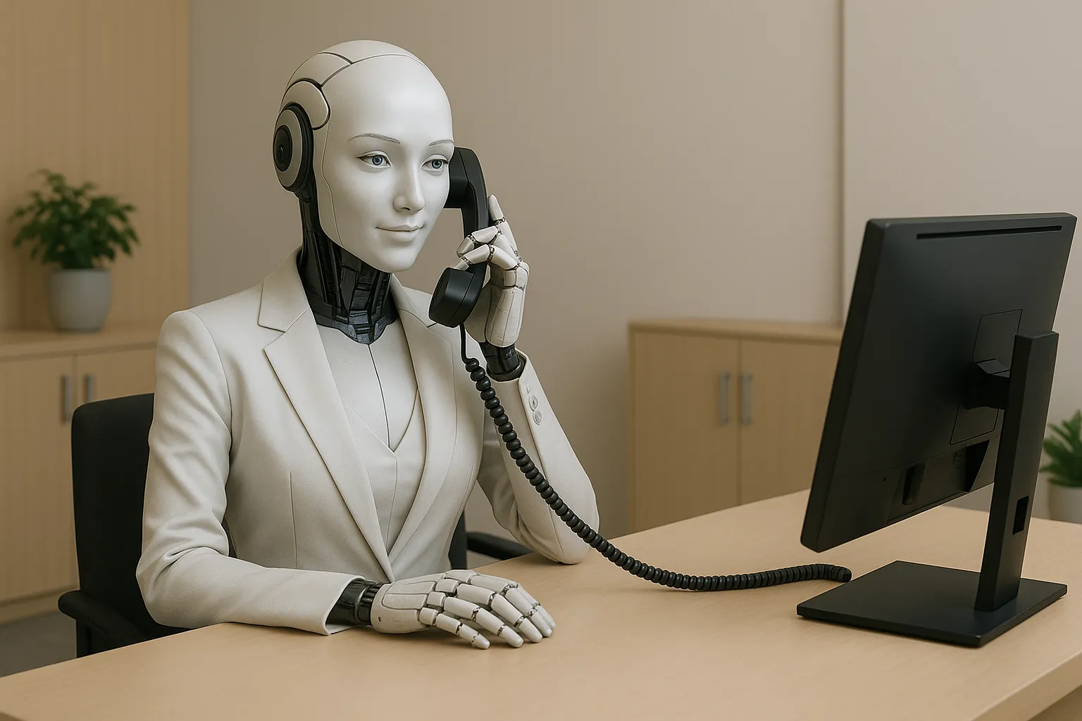 AI humanoid receptionist sitting at a desk, speaking on the phone in a modern office.