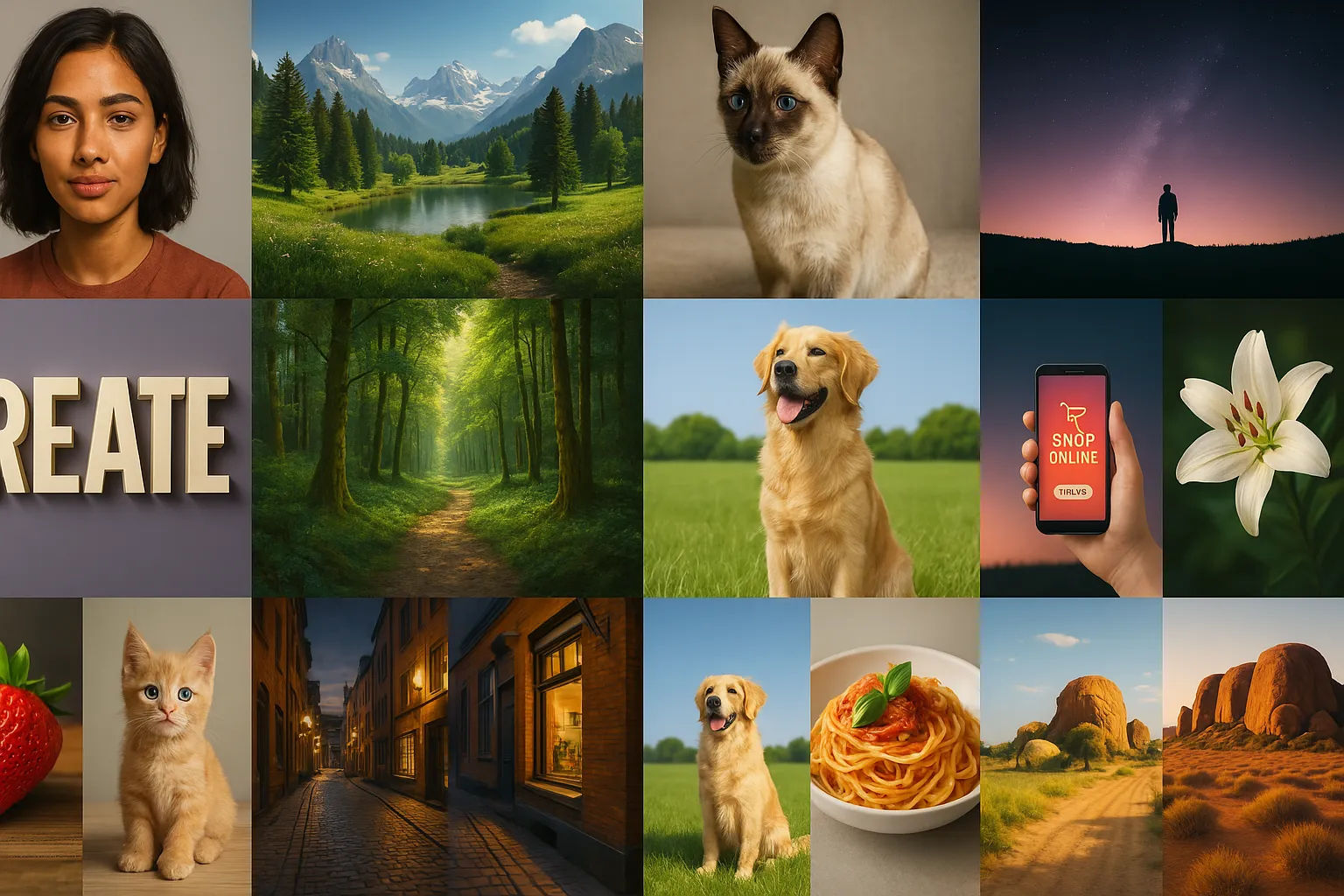 Collage of diverse visuals including people, pets, nature, food, and technology.