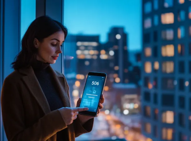 Woman using a smartphone by a window overlooking city lights.