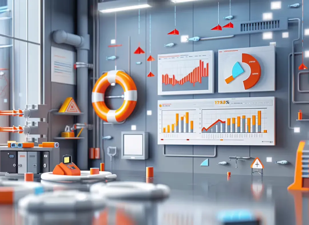 A data visualization control room scene with various colorful bar charts, pie charts, and graphs displayed on digital screens. A bright orange and white lifebuoy is mounted on the wall, surrounded by industrial-like equipment and emergency safety items, creating a blend of analytics and safety themes.