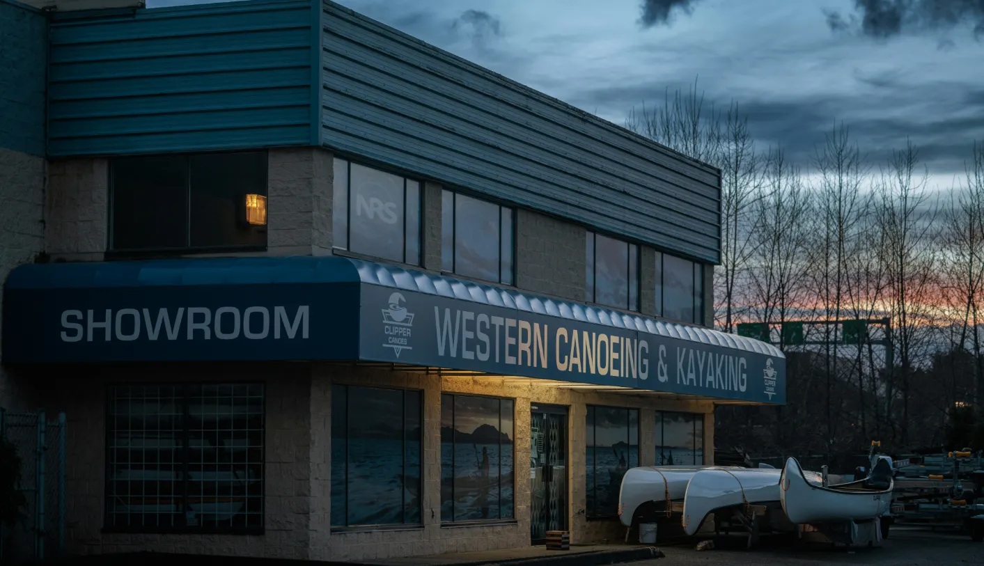 Canoe and kayak showroom building at sunset in NB, canada.