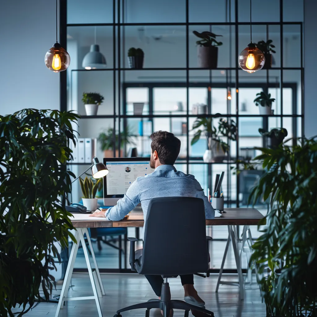 Professional man using LinkedIn on a desktop computer in a modern office setting.