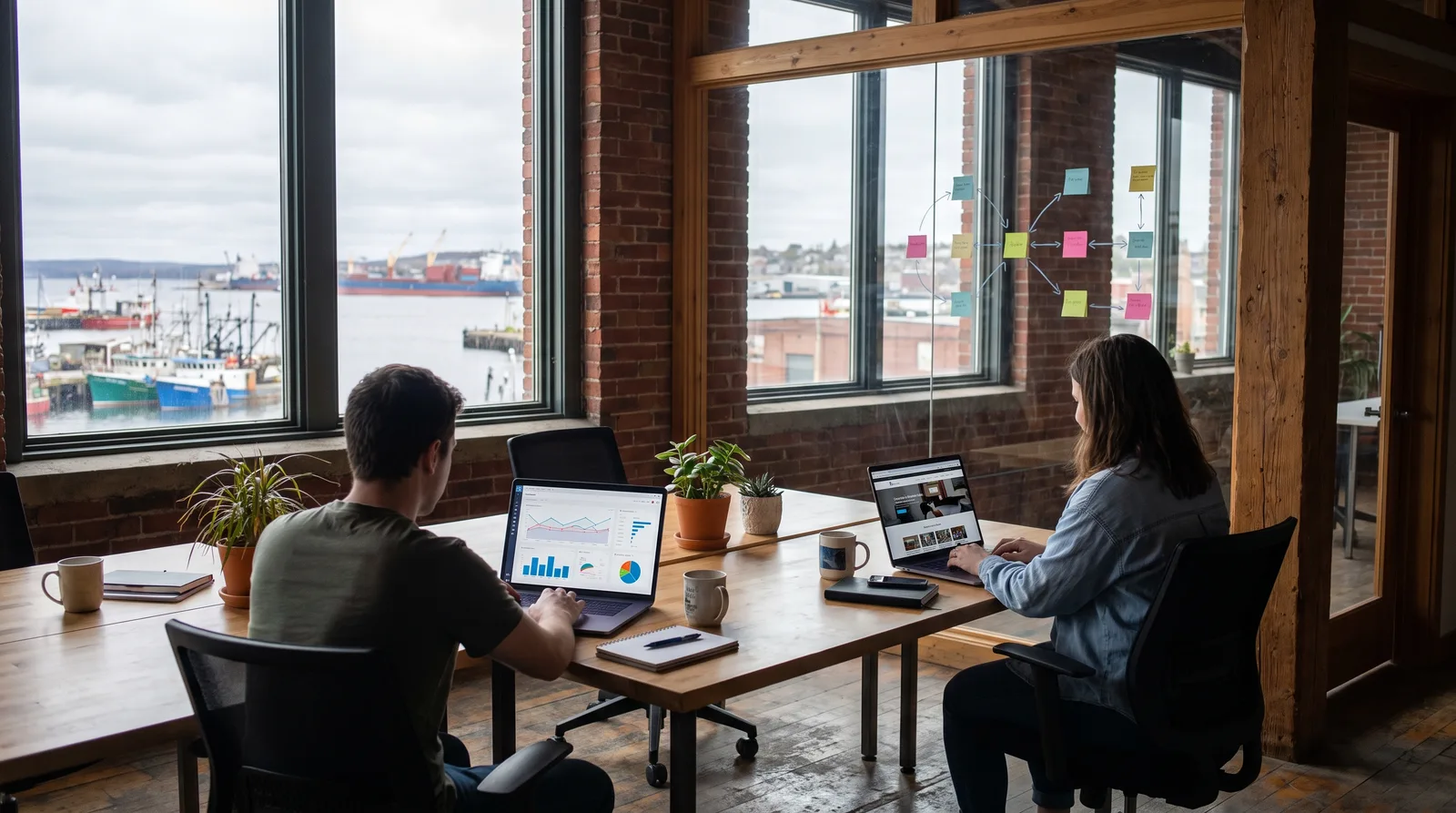 Two people reviewing a website migration with an analytics dashboard and finished site on laptops