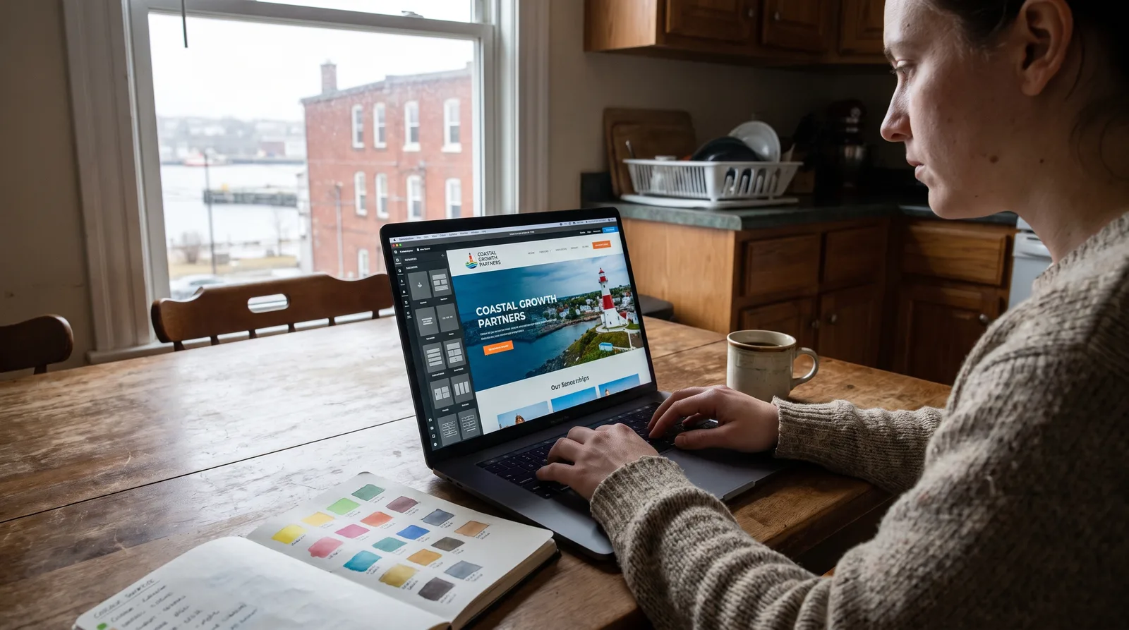 Designer editing a colourful business website homepage in a visual page editor at home