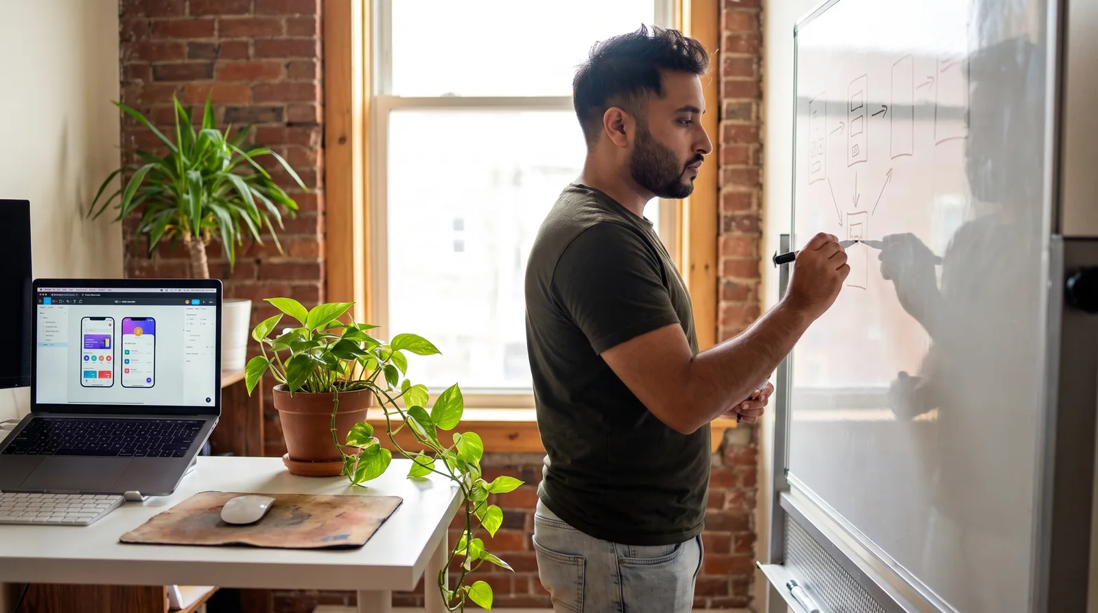 Nikhil Sharma sketching app screen layouts on a whiteboard while planning app development cost