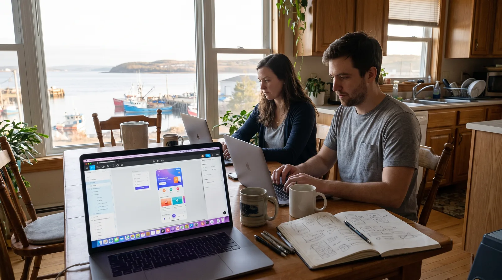 Two designers review a colourful mobile app design at a kitchen table, planning app development stages