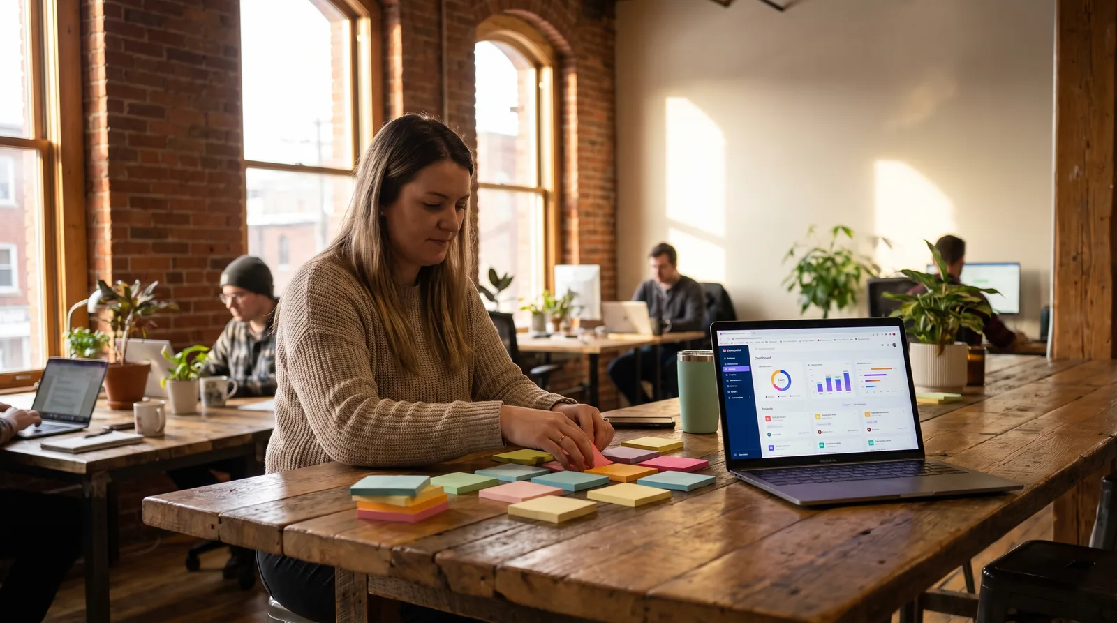 Founder sorting coloured sticky notes into groups while scoping an MVP app at a co-working table
