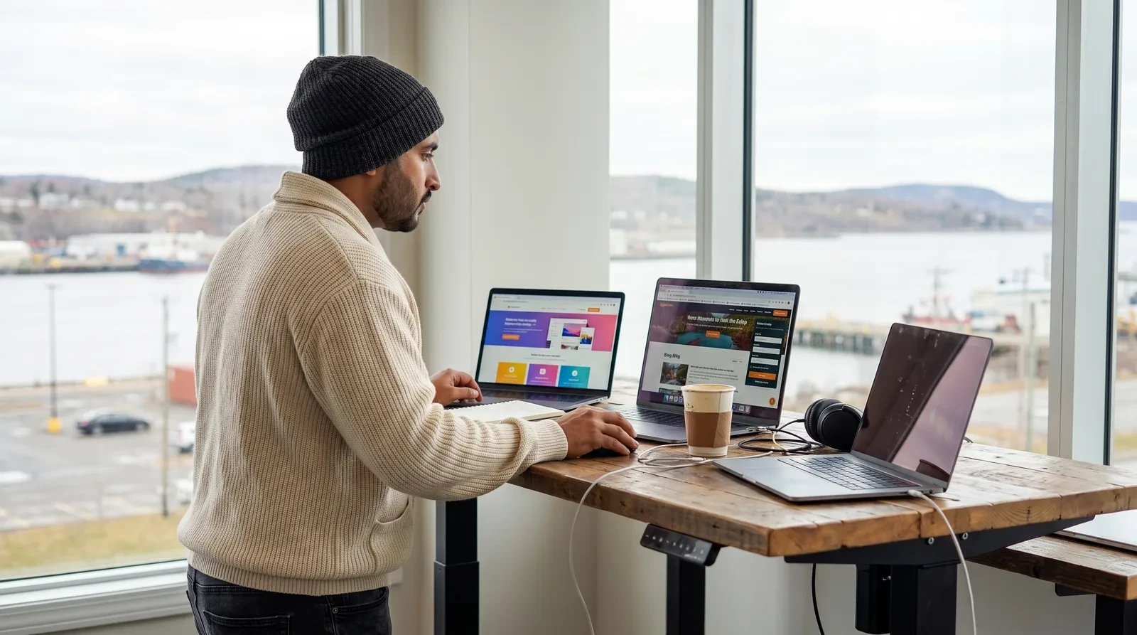 Two laptops comparing Squarespace vs WordPress website designs on a desk overlooking Saint John harbour