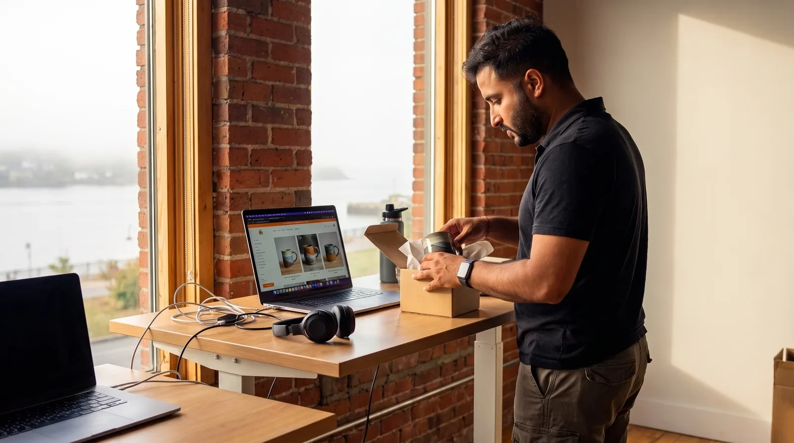 Is Shopify worth it: a maker packs ceramic mugs beside a laptop showing an online store