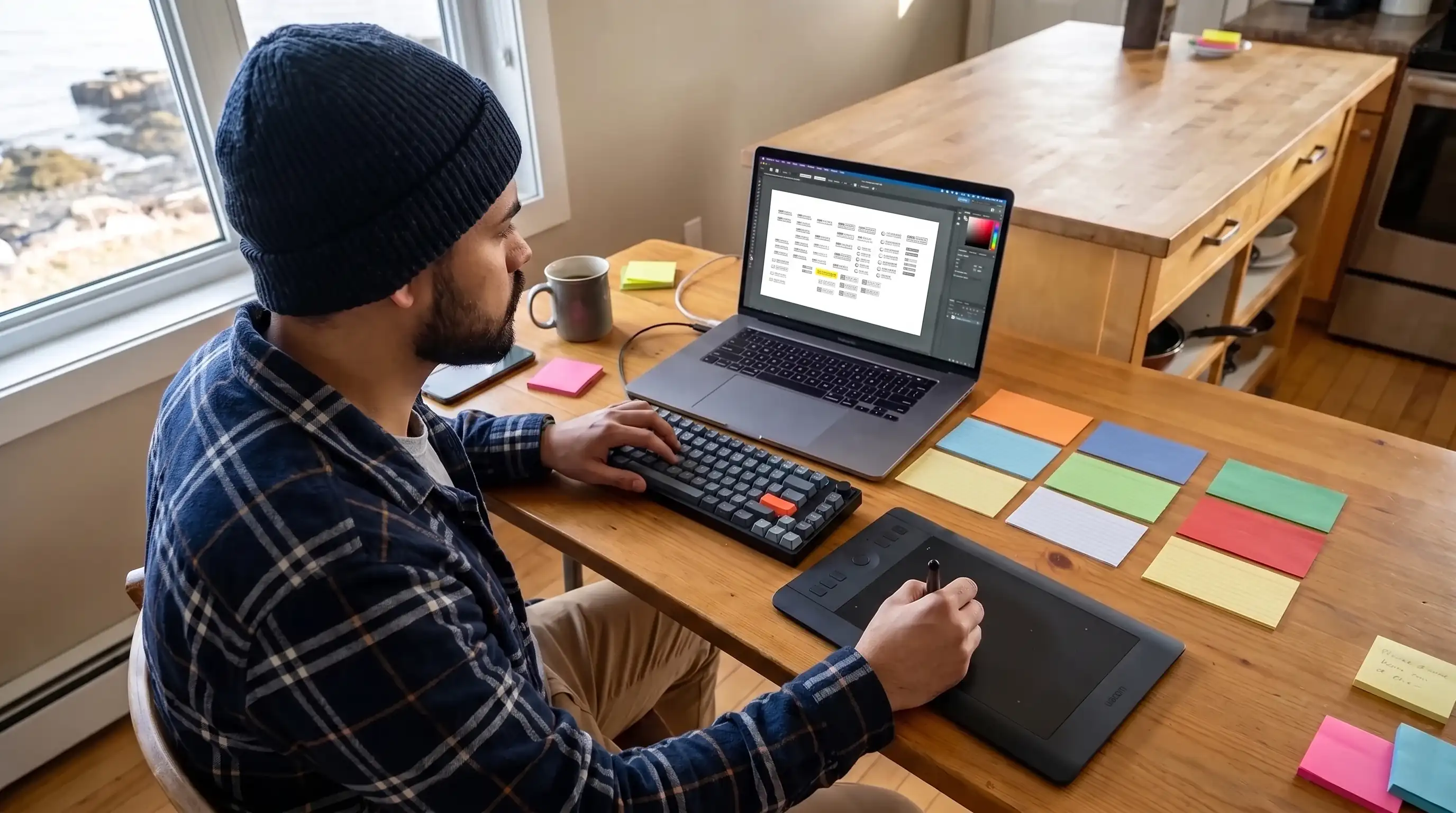 Brand strategy cards arranged in columns on a table beside a laptop showing brand colours