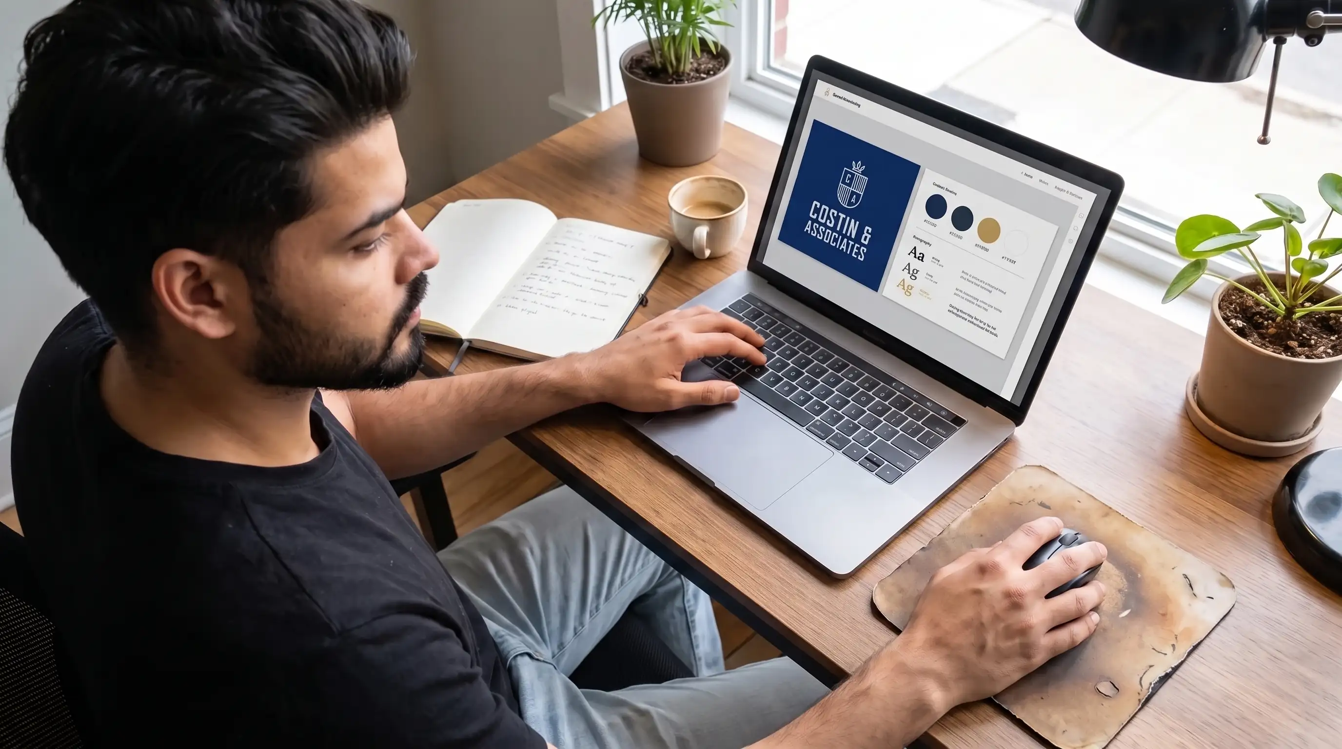 Designer reviewing law firm brand guidelines with logo, colour palette and typography on a laptop screen