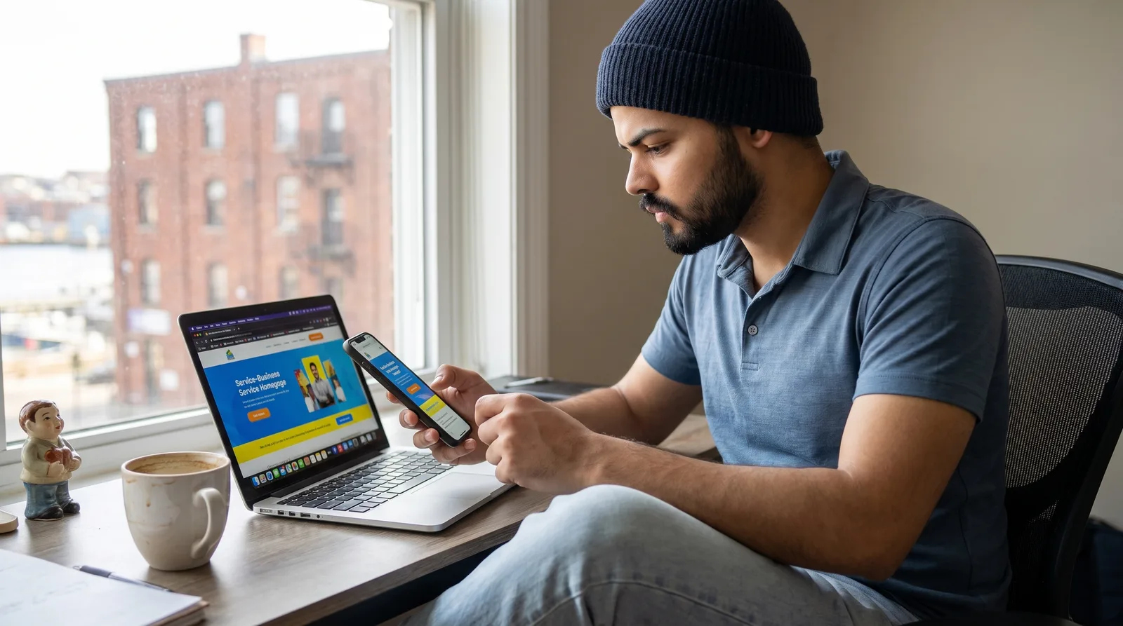 Designer compares phone and laptop views, showing how to make a website mobile friendly