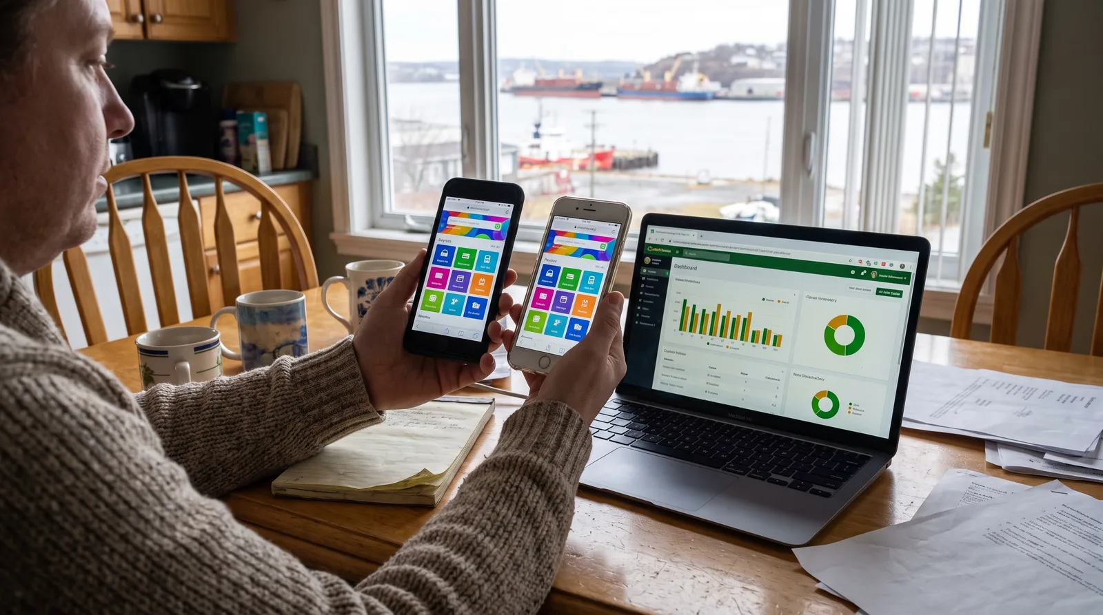 Two smartphones showing the same website beside a laptop with a mobile performance dashboard