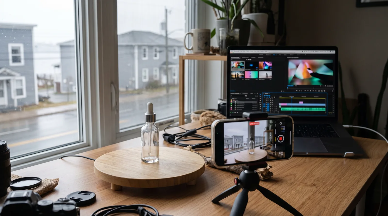 Phone filming a product bottle on a turntable for a best AI video generators guide
