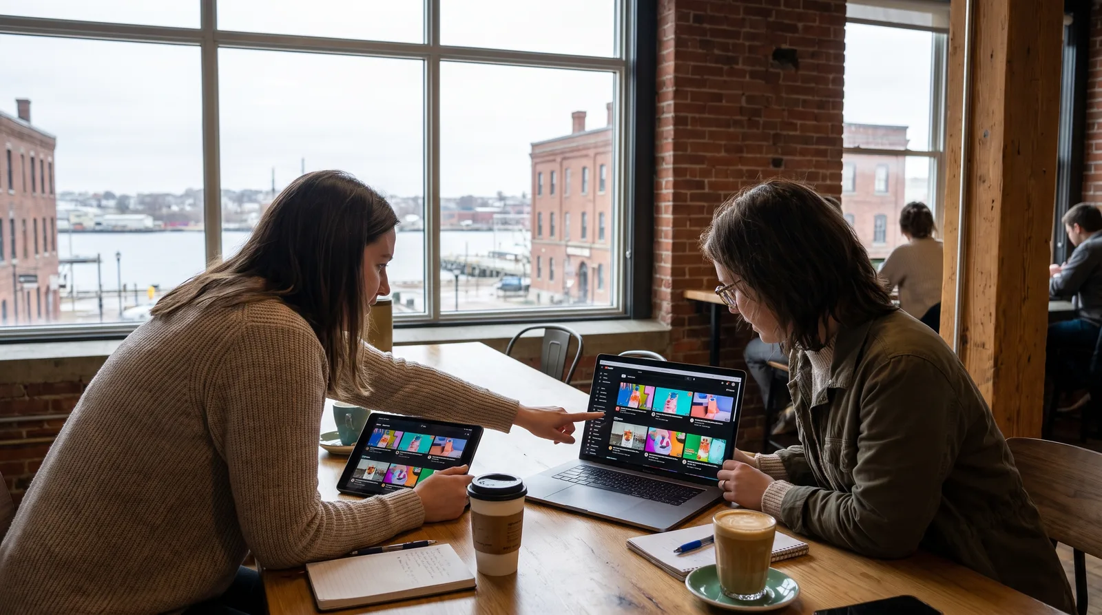 Two marketers comparing AI-generated video clips on a laptop in a Saint John co-working space