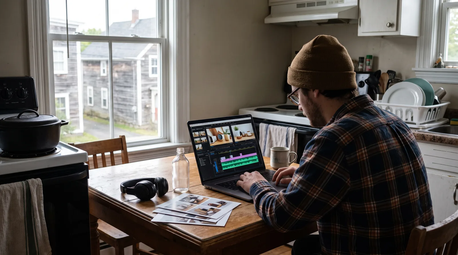 Video editor assembling AI-animated product clips and a voiceover on a laptop timeline