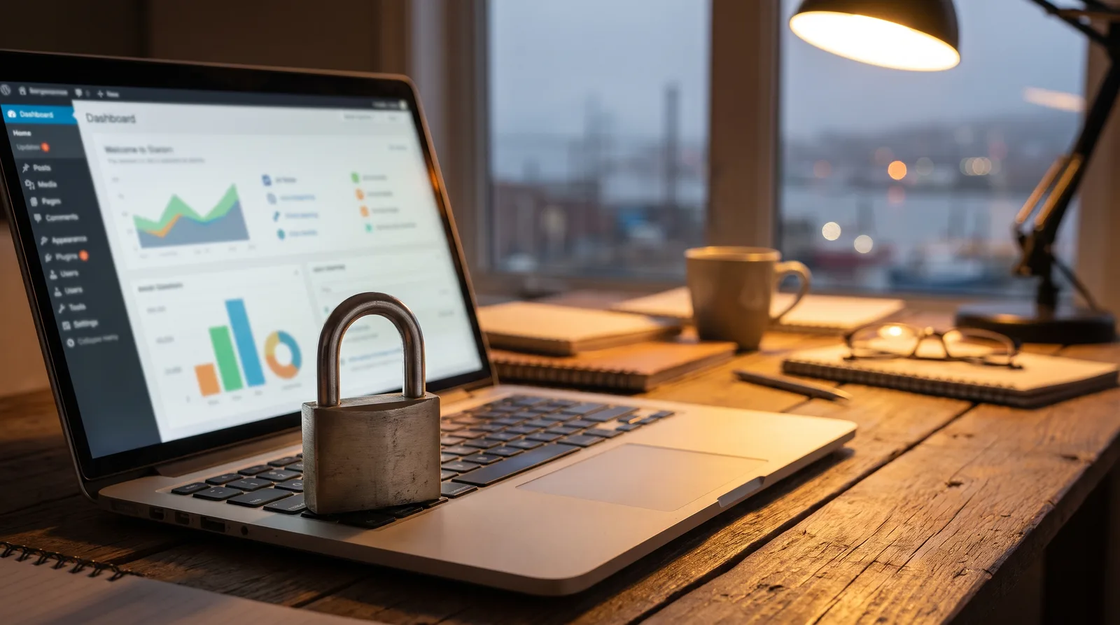 Padlock on a laptop keyboard illustrating how to secure a WordPress site, dashboard blurred behind