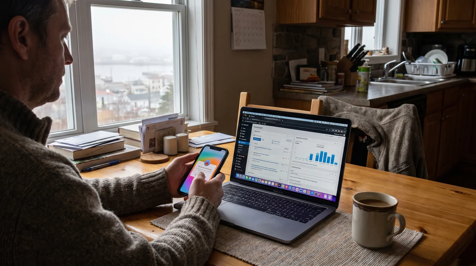 Person at a kitchen table approving a two-factor login for a WordPress site on a phone