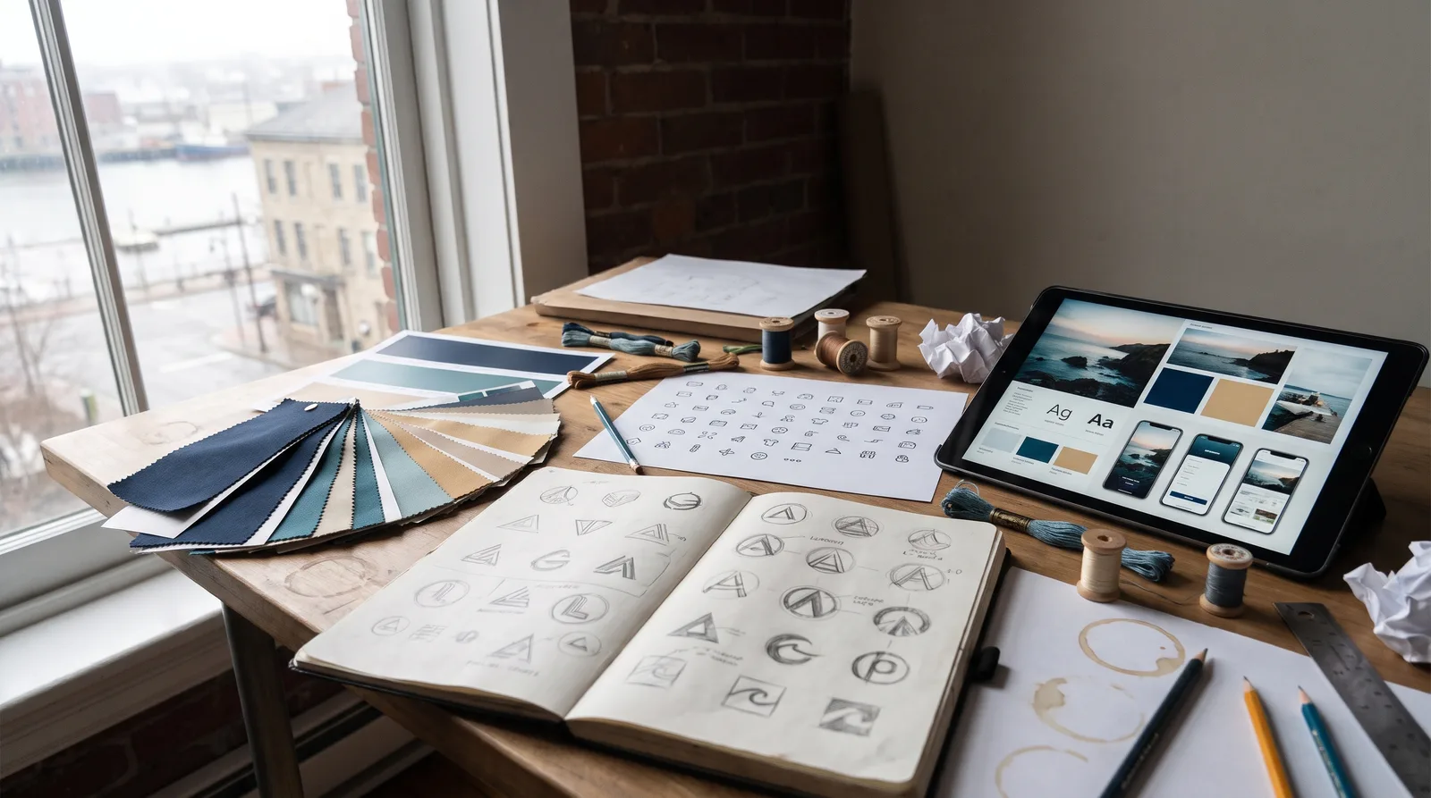 Corporate identity components including colour swatches, logo sketches and icons spread across a studio table