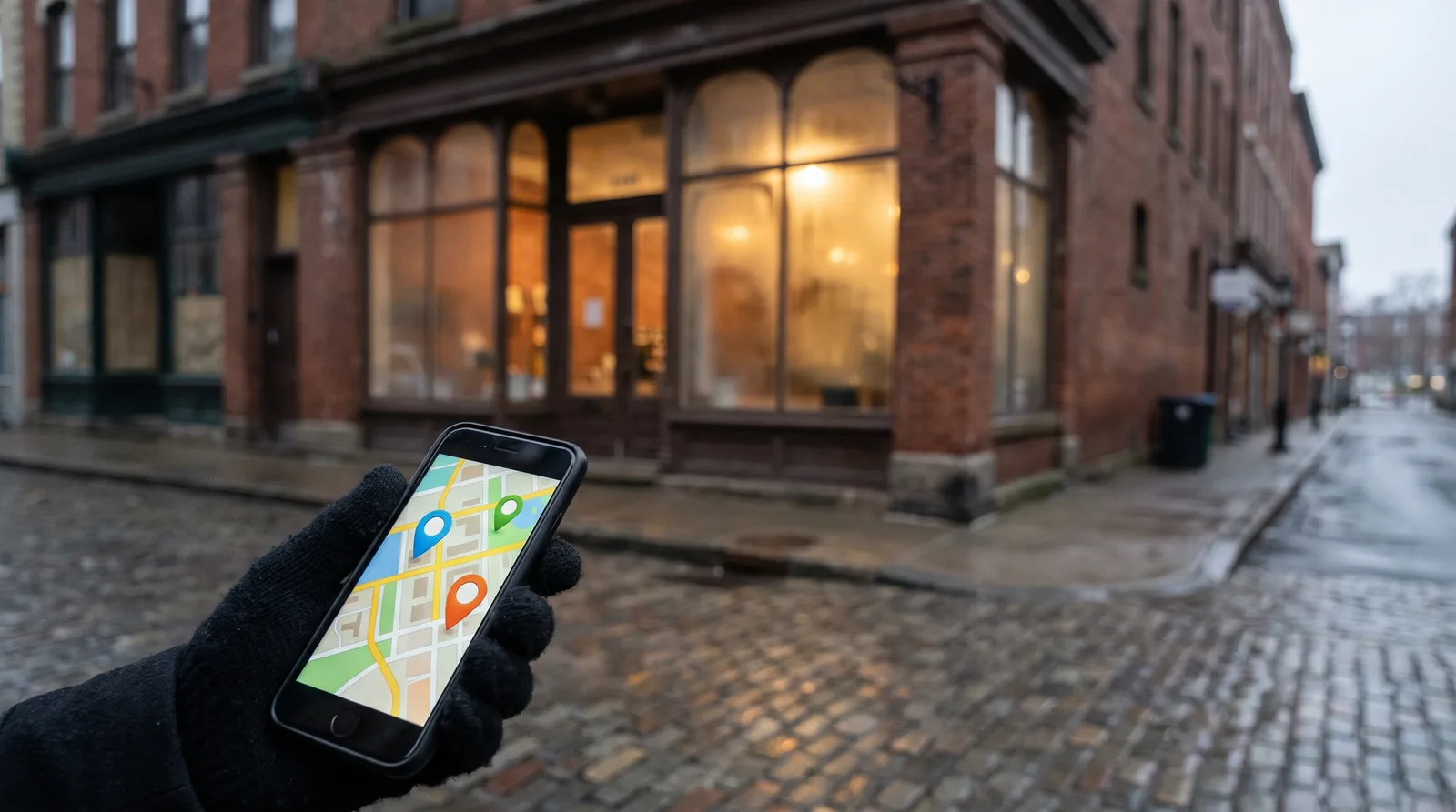 Phone map with three pins outside a Saint John storefront, Google Business Profile optimization