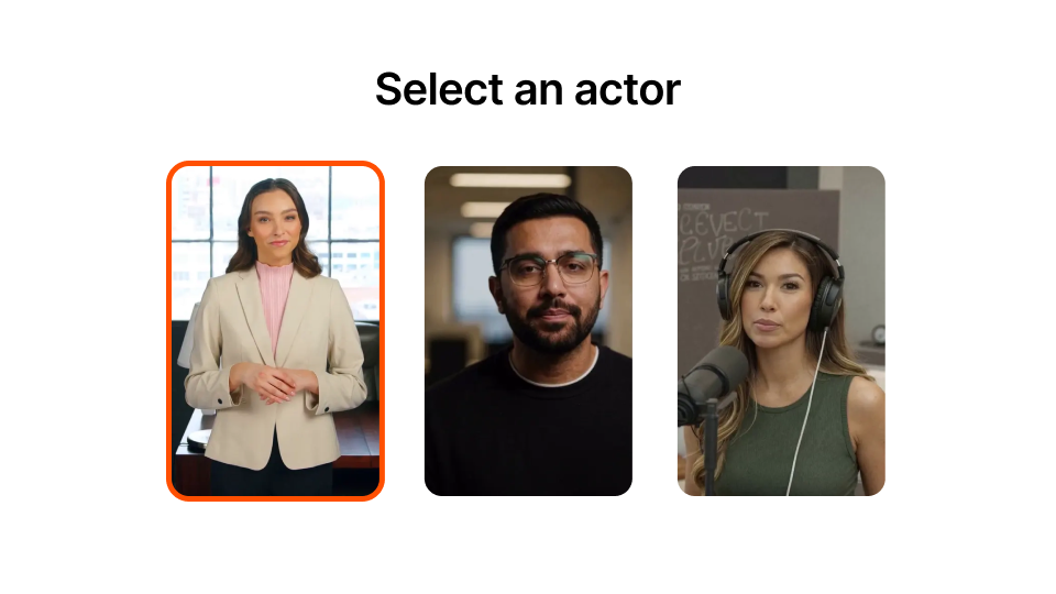 Three professionals in separate video frames: a woman in a beige blazer standing, a man with glasses in a dark sweater, and a woman with headphones speaking into a microphone.