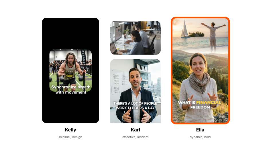 Three vertical panels showing lifestyle themes: left - man exercising with text 'Synchronize breath with movement'; center - office workers and a man explaining sales targets with text 'There’s a lot of people work 13 hours a day'; right - woman outdoors with text 'What is financial freedom' and a sailboat in the background.