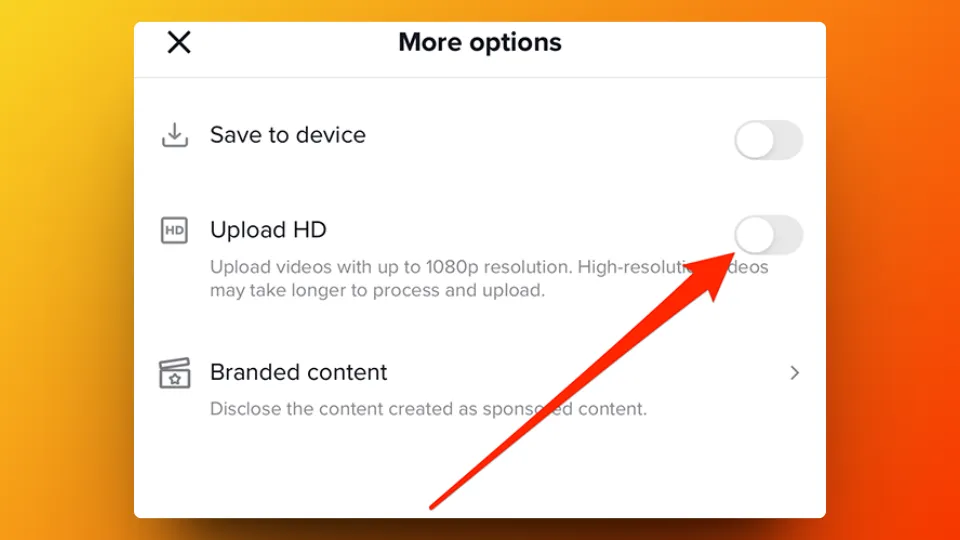 Opzione TikTok HD per una qualità video ad alta definizione su tiktok di caricamento