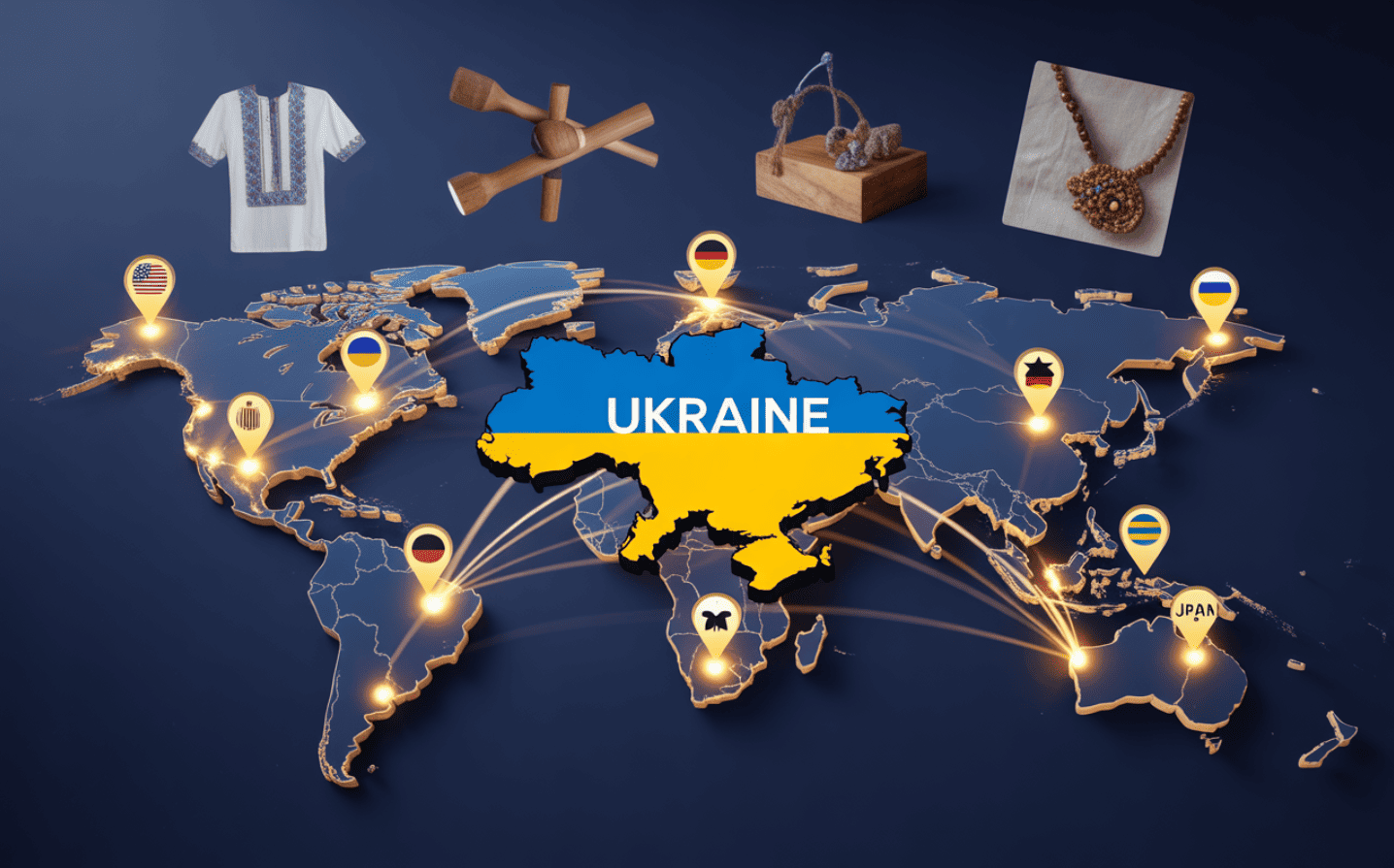 Стилізована карта світу з яскравими лініями, що з'єднують Україну (виділена синім і жовтим кольором), які поширюються на кілька країн, золотими шпильками, що позначають США, Канаду, Німеччину, Австралію, Японію, ширяючими значками продуктів (вишита сорочка, дерев'яна іграшка, прикраси ручної роботи) над різними континентами, тонким українським орнаментом в якості фонової текстури