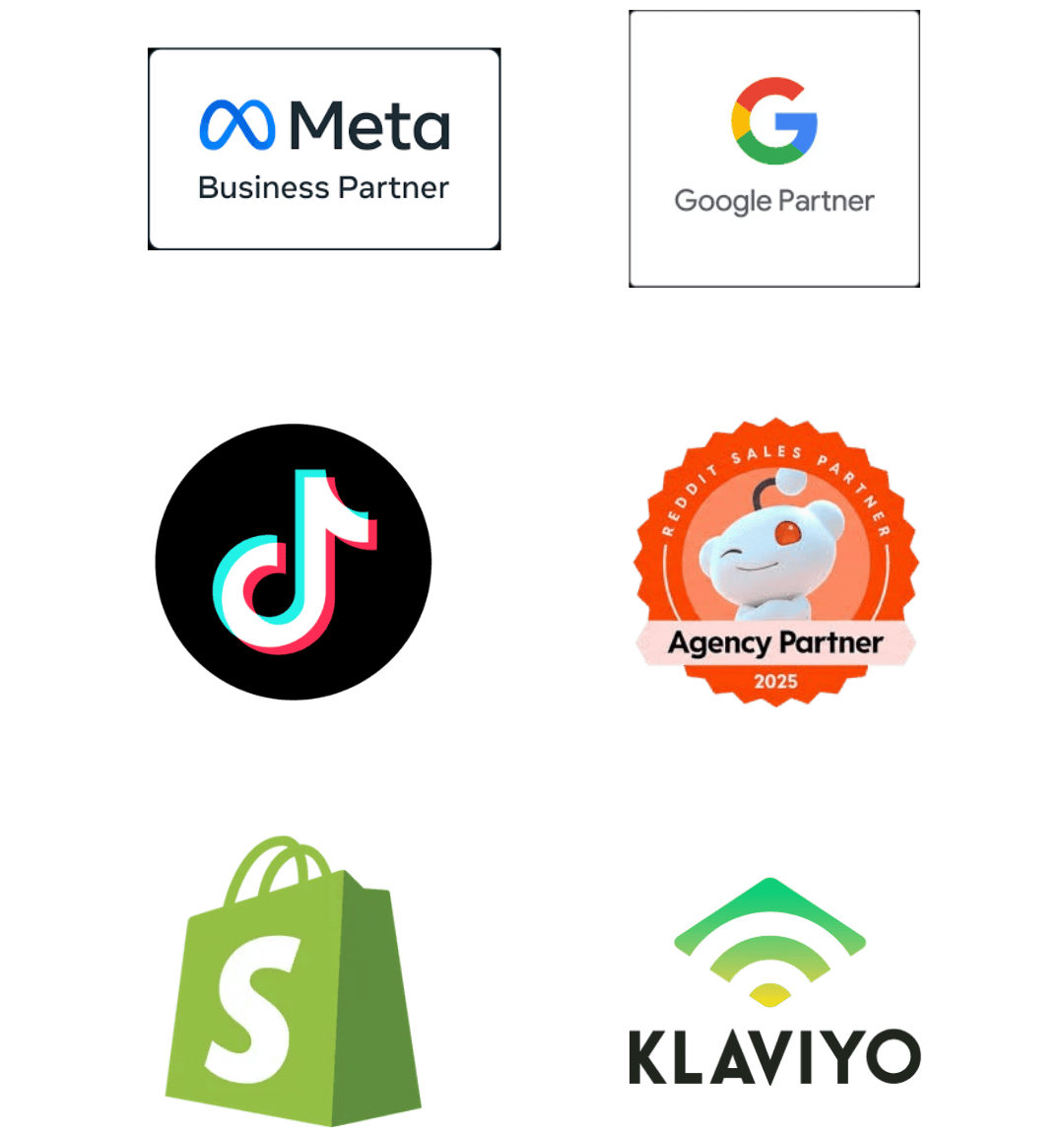 Badges for Meta Business Partner, Google Partner, TikTok, Reddit Sales Partner Agency 2025, Shopify, and Klaviyo logos.