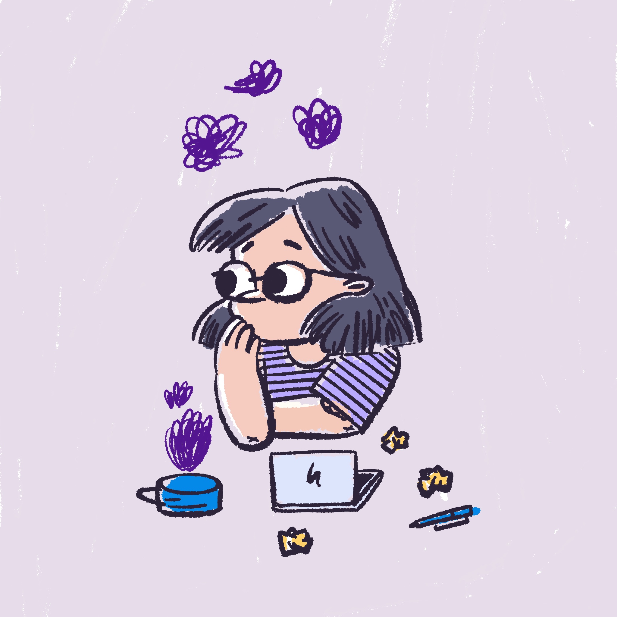 A cartoon of a girl with big glasses and tattoos on striped background