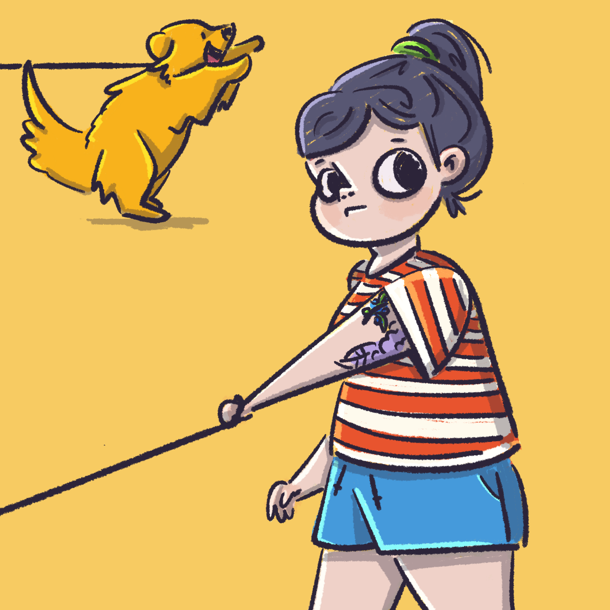 A cartoon of a girl with big glasses and tattoos on striped background