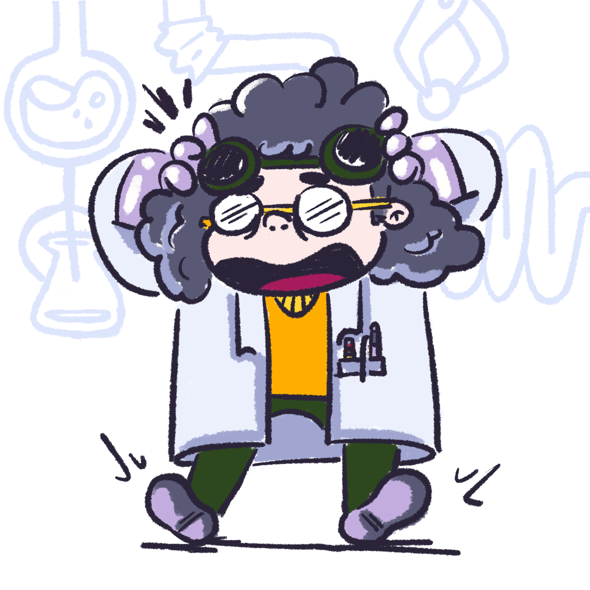 A cartoon of a girl with big glasses and tattoos on striped background