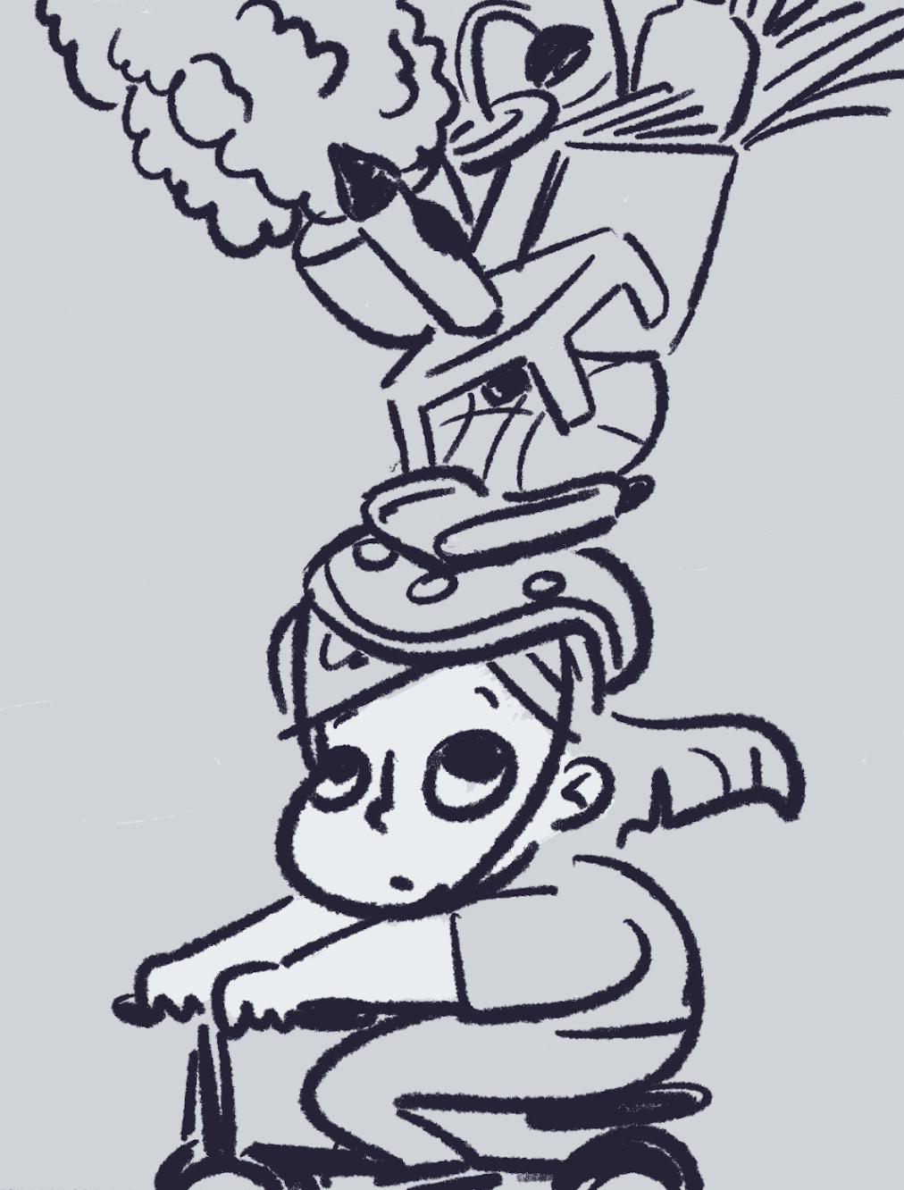 A cartoon of a girl with big glasses and tattoos on striped background