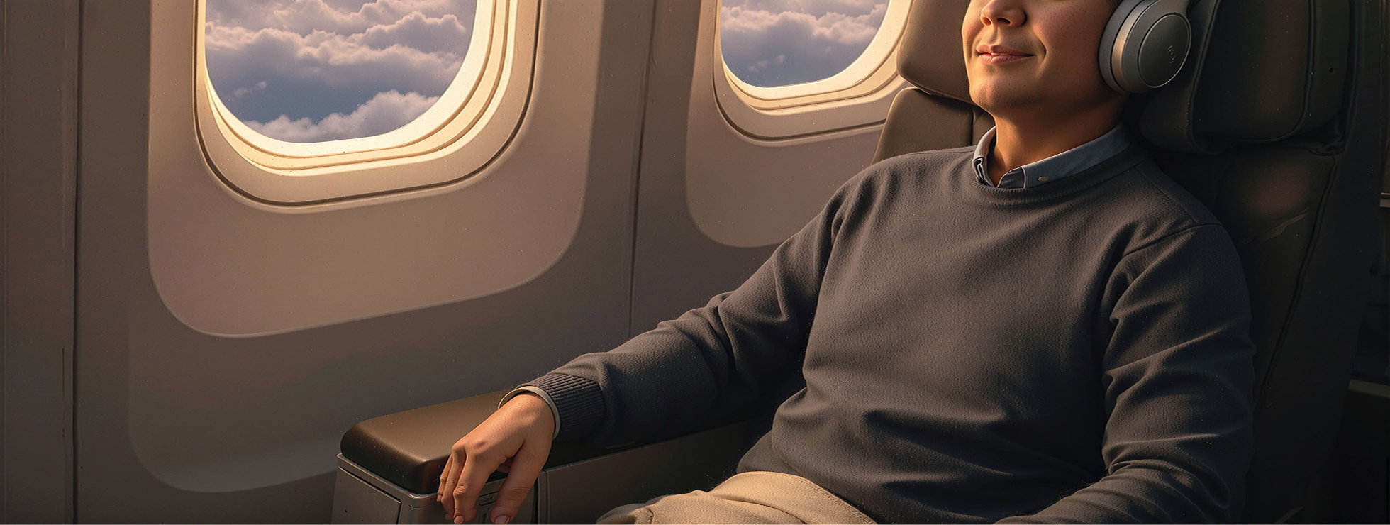 Person relaxing in premium economy of a plane