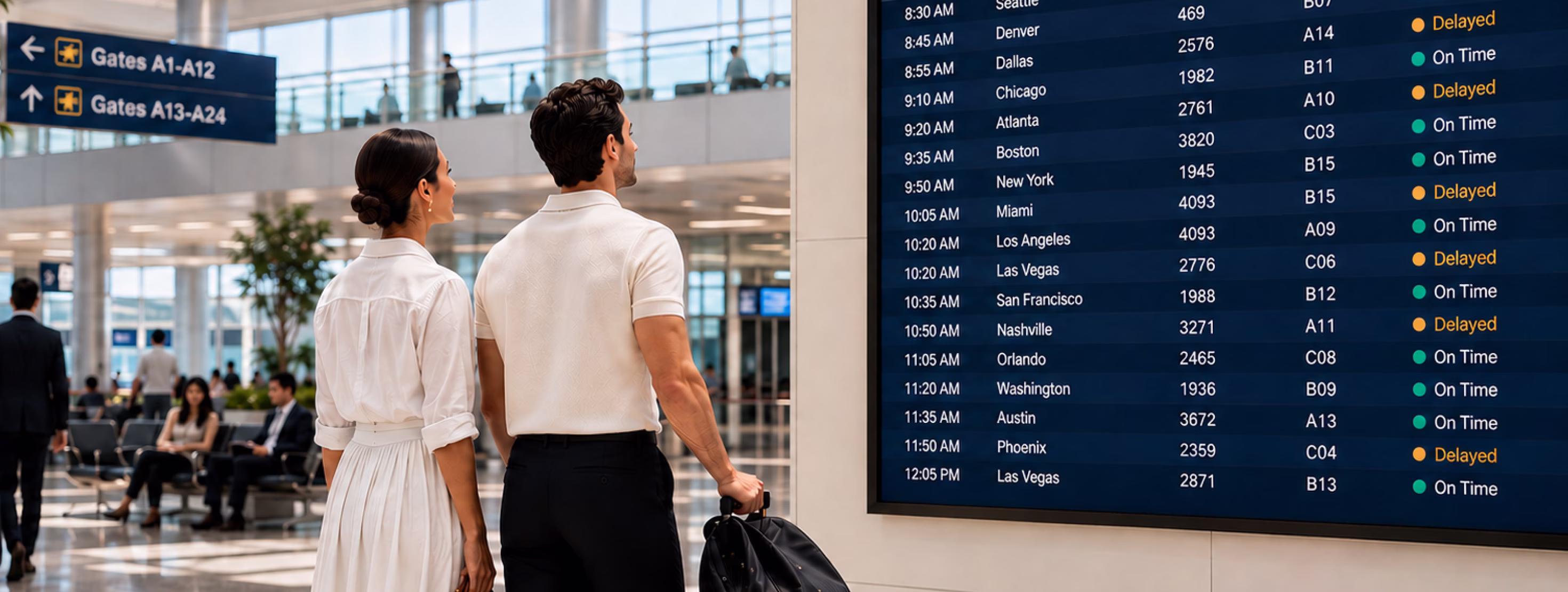 Image of couple looking at departures board in airport