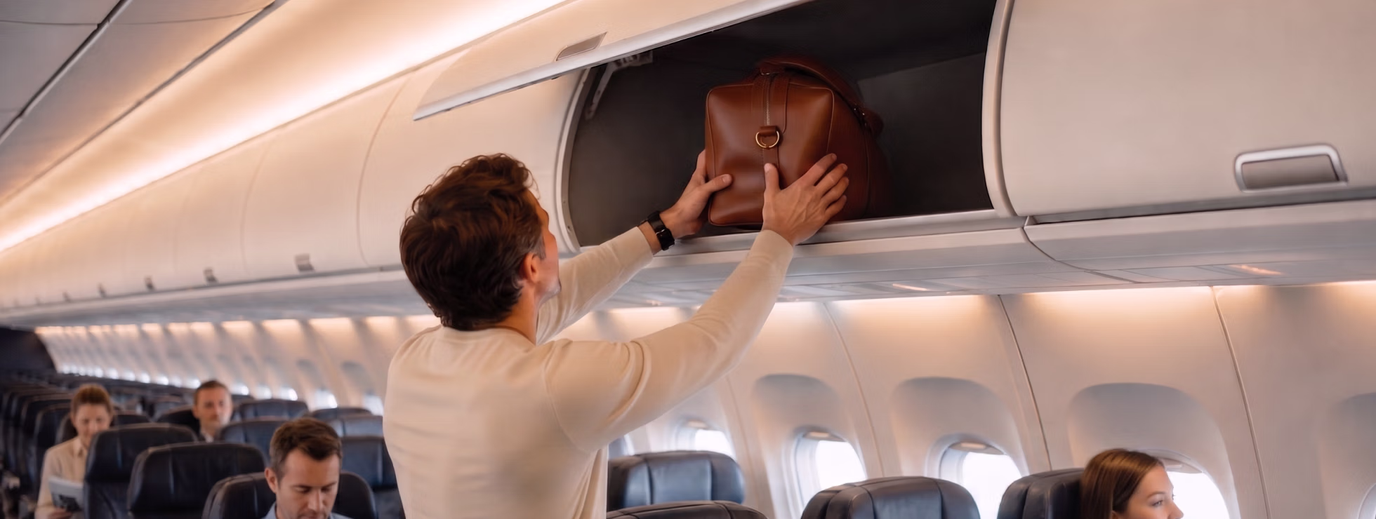 Person putting carry on in plane cabin