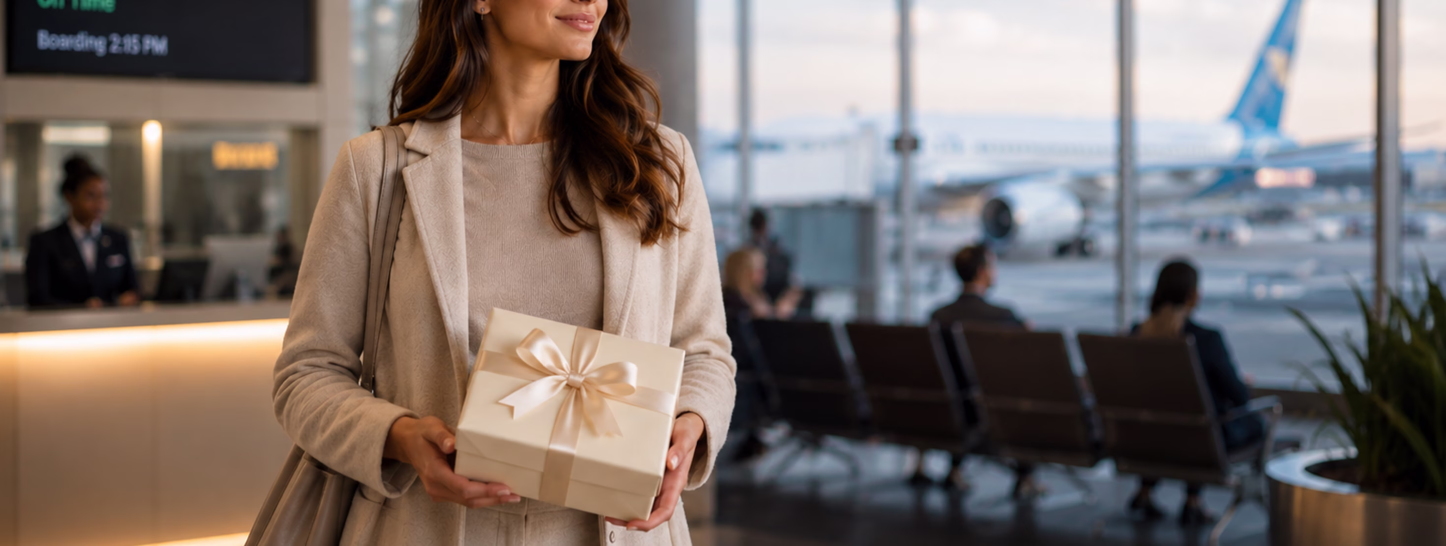 Image of Woman holding a wedding gift in the airport