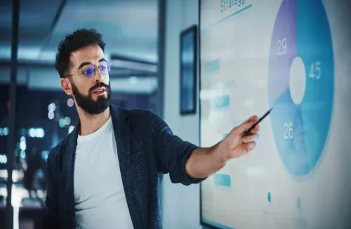 A brand manager review cross-sections of audiences with a corporate board