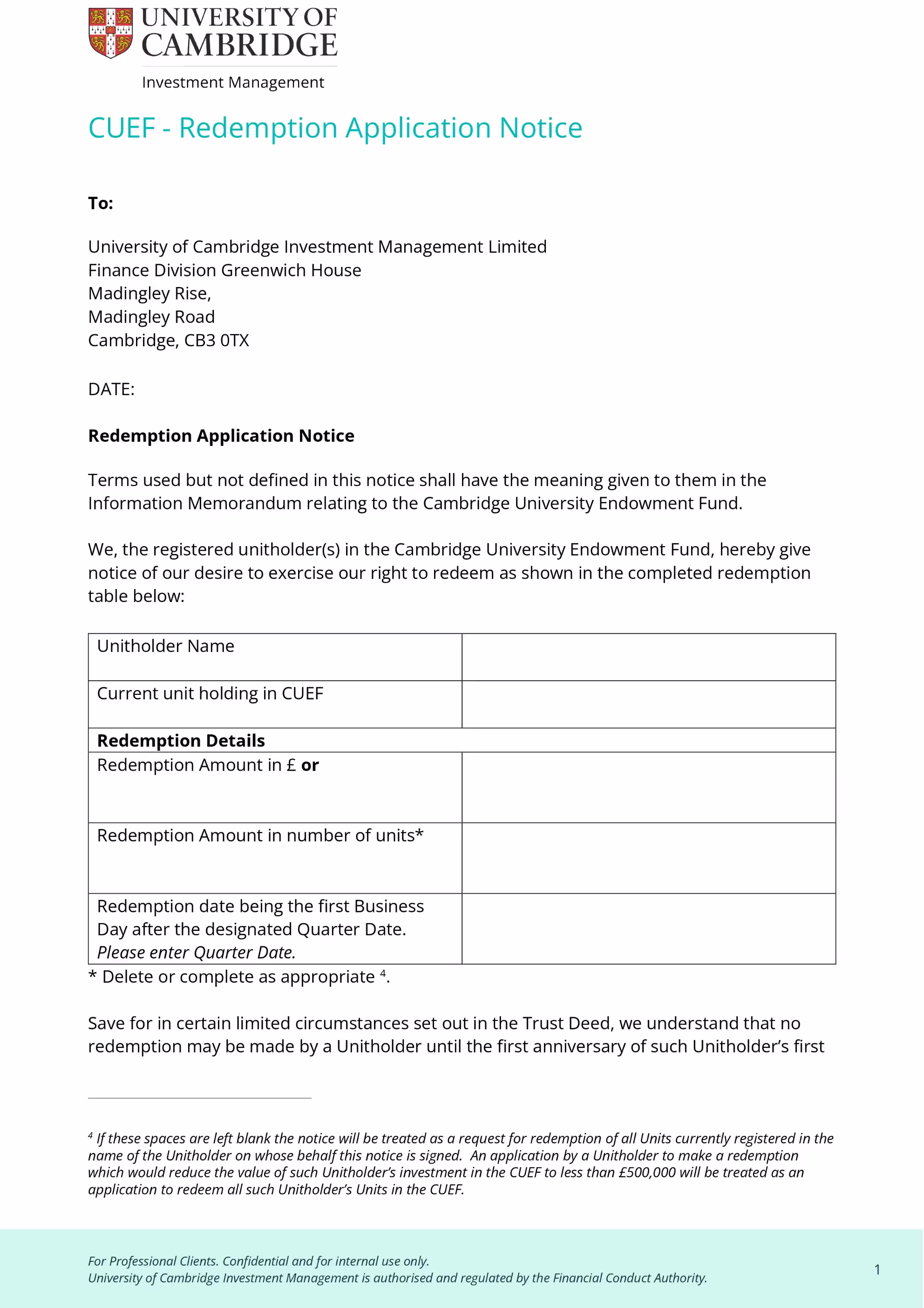 CUEF Redemption Notice