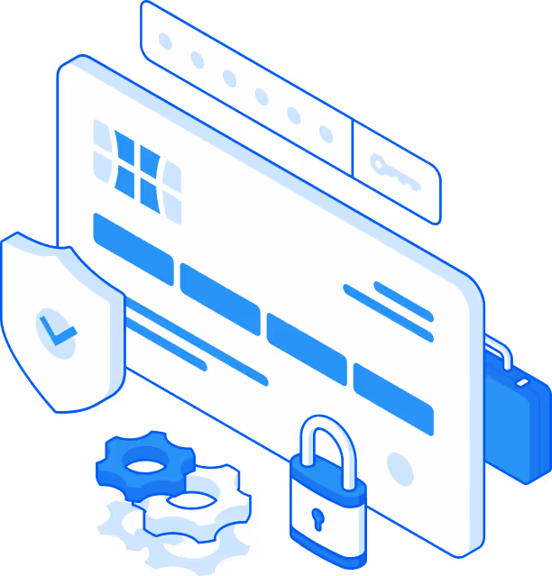 Isometric illustration of a secure login interface with password dots, a shield with a checkmark, a padlock, gears, and a briefcase symbolizing security and settings.