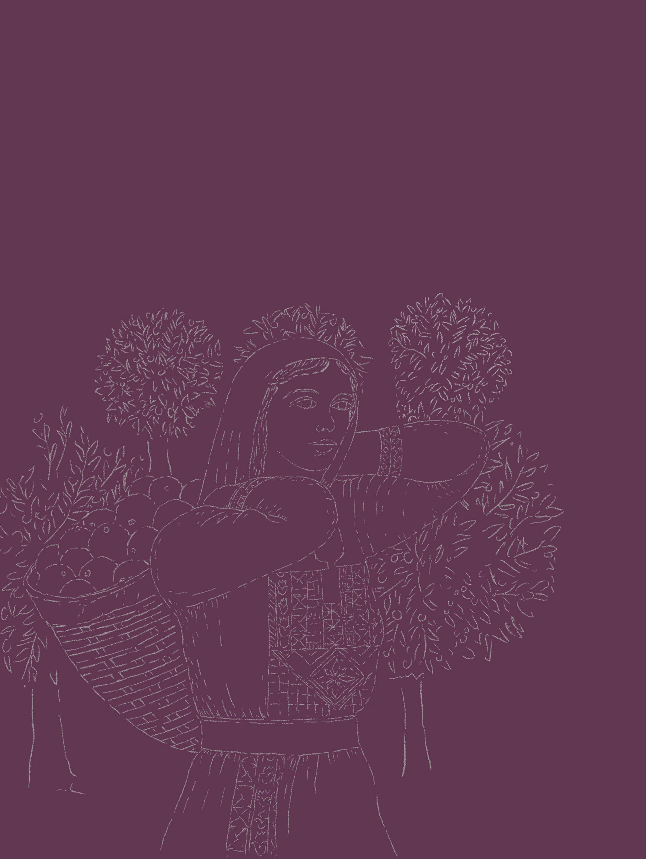 Illustration of a women carrying fruits and vegetables in a backset on her back