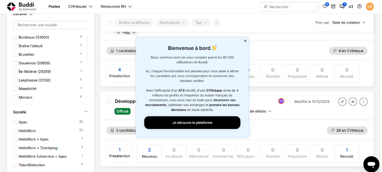 Adoption produit Hellowork - message de bienvenue